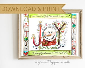 Snowman Joy  | Snow Christmas | Watercolor Christmas  | Xmas Printable Home Decor | Christmas decorations | Christmas Wall Art Print