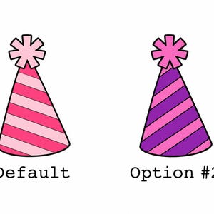 May include: Two party hats with a starburst on top. One hat is pink and light pink striped, labeled "Default." The other is purple and pink striped, labeled "Option #2." Both are on a white background.