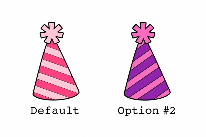 May include: Two party hats with a starburst on top. One hat is pink and light pink striped, labeled "Default." The other is purple and pink striped, labeled "Option #2." Both are on a white background.