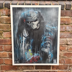 May include: A black and blue painting of a Predator character from the movie franchise. The Predator is depicted in a dark, shadowy setting with a blue and white background.