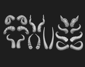 May include: A set of 16 different 3D printed horns, perfect for crafting and cosplay. The horns are made of a smooth, gray plastic and come in a variety of shapes and sizes.