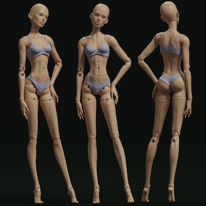 May include: Three views of a light-skinned, articulated ball-jointed doll with a bald head. The doll is wearing a light blue two-piece lingerie set consisting of a bra and matching briefs. The figure is shown from the front, side, and back angles.