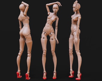 May include: Three articulated wooden artist's mannequins in various poses. The mannequins are nude, with visible joints and are wearing red high heels. The background is a solid black.