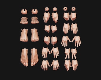 May include: A set of 12 different hand and foot poses, all in a nude skin tone. The poses include various hand gestures and foot positions.