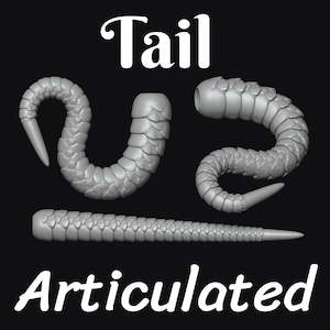 May include: Three grey articulated tails with a segmented, scale-like texture. The tails are shown in different positions: one curved upward, one curved downward, and one straight. The word Tail is printed at the top and Articulated at the bottom.