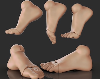 May include: A collection of five beige-colored, 3D-rendered feet in various poses. The feet are anatomically correct, with detailed toes and arches. The background is a dark gray, creating a contrast that highlights the feet.
