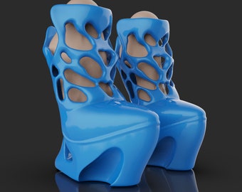 May include: A pair of blue high-heeled shoes with a unique, openwork design. The shoes have a high platform and a pointed toe.