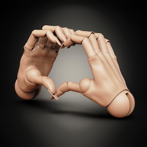 May include: A pair of articulated hands forming a heart shape. The hands are made of a light brown material and have a realistic appearance.