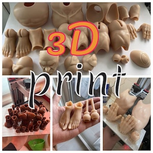 May include: A collection of 3D printed body parts in a light brown colour. The parts include hands, feet, torsos, and heads. The image also shows a 3D printer in the background. The text "3D print" is superimposed on the image.