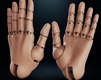 May include: Two articulated, tan-colored hands are displayed against a dark background. The fingers are segmented, suggesting a mechanical or robotic design. The hands are posed in a gesture, with the fingers slightly curved.