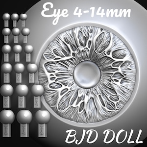 Pode incluir: Imagem em tons de cinza com um design detalhado de olho com o texto "Eye 4-14mm" e "BJD DOLL". A imagem também exibe pequenos objetos esféricos rotulados com medidas, provavelmente tamanhos de olhos para bonecas.