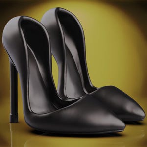 May include: A pair of glossy black high-heeled shoes with pointed toes. The stiletto heels are tall and slender. The shoes are set against a golden yellow background.