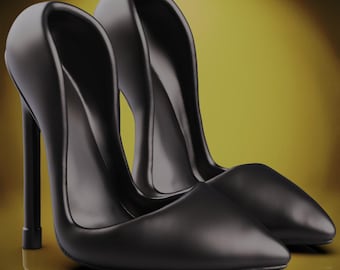 Puede incluir: Un par de zapatos de tacón negros brillantes con punta. Los tacones de aguja son altos y delgados. Los zapatos están sobre un fondo amarillo dorado.