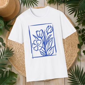Floral Line Art, flowered tee, Softstyle Tee, Casual Wear, Spring Fashion, Gift for Plant Lovers, Everyday Essentials