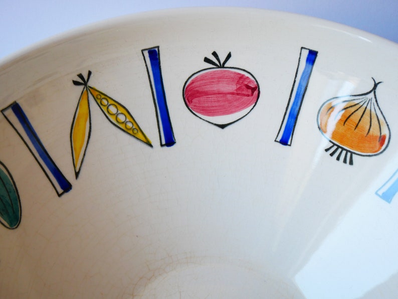 May include: White ceramic bowl with a colorful vegetable design. The bowl features a red tomato, yellow pea pods, a blue onion, and a green leaf.
