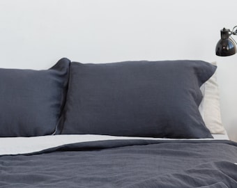 Asphalt Grey Linen Sham Pillow Case. Softened Linen Pillow Covers with Flanges. Standard, Queen, King, Custom Size Flanged Oxford Pillowcase