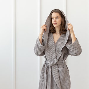 Hooded Light Grey Waffle Linen Robe, Luxury Bathrobe with Hoodie, Classic Sauna Robe, Linen Spa, Linen Gown, Gift for Her or Him bw2