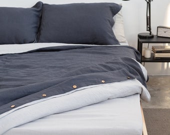 Two-Sided Linen Duvet Cover in Asphalt Grey and Light Grey with Buttons. Two Sided Softened Duvet with Coconut Buttons. Custom Sizes.