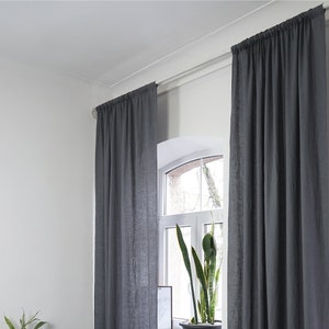 55 in/140 cm Wide, Asphalt Grey Linen Rod Pocket Curtain & Linen Drape, Custom Size Curtain, Extra Long Curtain Panel