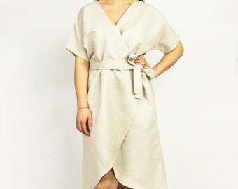 Natural Light Linen Wrap Dress, Summer Dress, Loose Linen Dress, Maternity Linen Dress, V-Neck Kimono