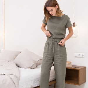 Natural Linen Pajama set / Safari green linen / Linen loungewear / Linen sleepwear