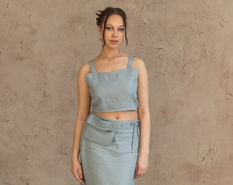 Sweetheart Neckline Linen Crop Top and Midi Skirt | Linen Summer Outfit Western Style | Greyish Mint Linen