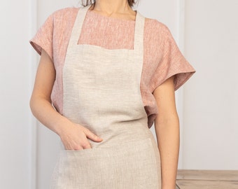 Linen Apron in Natural light, Softened Full Apron with Pockets, Unisex Apron for Kitchen, for Outside, Classic Apron