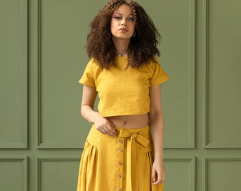 Taormina Honey Linen Crop Top and Midi Skirt Set - Handcrafted European Linen Outfit