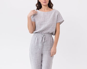 Ensemble pyjama en lin naturel / Lin à rayures gris nuageux / Vêtements de détente en lin / Vêtements de nuit en lin