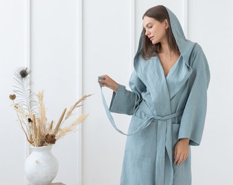 Greyish Mint Linen Bathrobe with Hoodie, Luxury Bathrobe, Classic Bathrobe, Sauna Robe, Linen Spa Robe, Linen Gown, Gift for Her/Him bl2