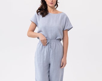 Ensemble pyjama lin naturel / Lin bleu glacier / Vêtements de détente en lin / Vêtements de nuit en lin