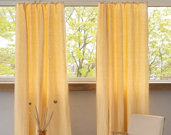 55 in/140 cm Wide, Canary Yellow Linen Curtain & Drape with Pleating Tape, Custom curtain panel, Extra Long Curtain Panel