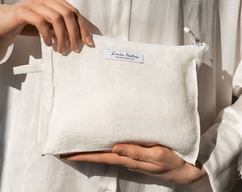 Wit linnen grote make-up tas met rits, rits pouch, linnen pochette, cosmetische tas, handgemaakte toilettas, linnen Dopp kit, accessoires