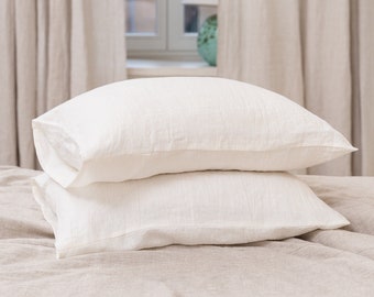 White Linen Pillow Case with Envelope Closure. Softened Linen Pillow Covers. Standard, Queen, King, Custom Size Pillowcase.