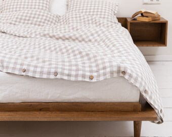 Linen Duvet Cover in Natural/White Check with Buttons. Softened Duvet Cover with Coconut Buttons. Standard, Double, Queen, King, Custom Size