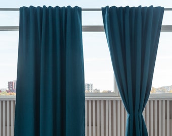 55 in/140 cm Wide, Dark Sea Blue Multi-functional heading tape Linen Curtain With Blackout Lining, Custom Lined Curtain, Custom Size Curtain