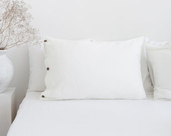 White Linen Pillow Case With Buttons. Softened Linen Pillow Covers with Coconut Buttons. Standard, Queen, King, Custom Size Pillowcase.