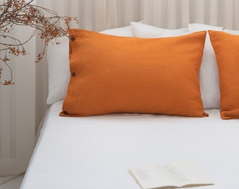 Light Chestnut Linen Pillow Case With Buttons. Softened Linen Pillow Covers with Coconut Buttons. Queen, King, Custom Size Pillowcase.