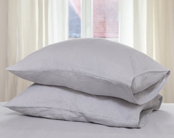 Light Grey Linen Pillow Case with Envelope Closure. Softened Linen Pillow Covers. Standard, Queen, King, Custom Size Pillowcase.
