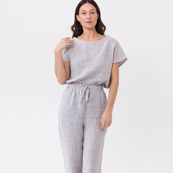 Natural Linen Pajama set / Cloudy Grey Stripe linen / Linen loungewear / Linen sleepwear