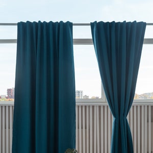 55 in/140 cm Wide, Dark Sea Blue Multi-functional heading tape Linen Curtain With Blackout Lining, Custom Lined Curtain, Custom Size Curtain
