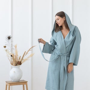 Greyish Mint Linen Bathrobe with Hoodie, Luxury Bathrobe, Classic Bathrobe, Sauna Robe, Linen Spa Robe, Linen Gown, Gift for Her/Him bl2