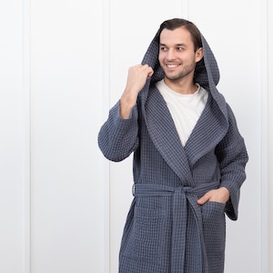 Hooded Asphalt Grey Waffle Linen Robe for Men, Luxury Bathrobe with Hoodie, Classic Sauna Robe, Linen Spa, Linen Gown, Gift for Him bw2