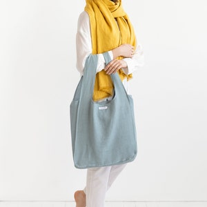 Bolso tote de lino grisáceo con asas anchas, bolso de compras de lino natural con bolsillo interior