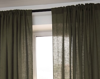 55 in/140 cm Wide, Moss Green Linen Rod Pocket Curtain & Linen Drape, Custom Size Curtain, Extra Long Curtain Panel