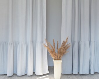 55 in/140 cm Wide, Ruffled Linen Curtain, Ruffle Trim, Rod Pocket Curtain, Custom Size Curtain, Extra Long Curtain Panel