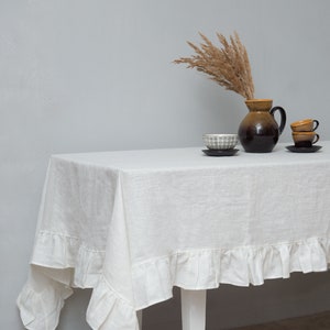 Tablecloth with Ruffles in White from Softened Natural Linen, Ruffled Dining Table Cloth, Wedding Decorations, Table Cover Custom size