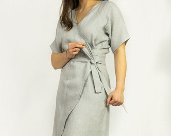 Light Grey Wrap Linen Dress, Summer Dress, Loose Linen Dress, Maternity Linen Dress, V-Neck Kimono