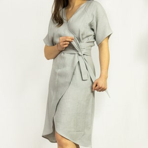 Light Grey Wrap Linen Dress, Summer Dress, Loose Linen Dress, Maternity Linen Dress, V-Neck Kimono