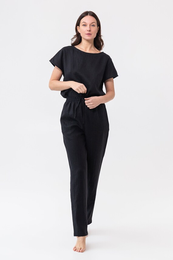 Natural Linen Pajama Set Black Linen Linen Loungewear Linen Sleepwear Etsy Australia